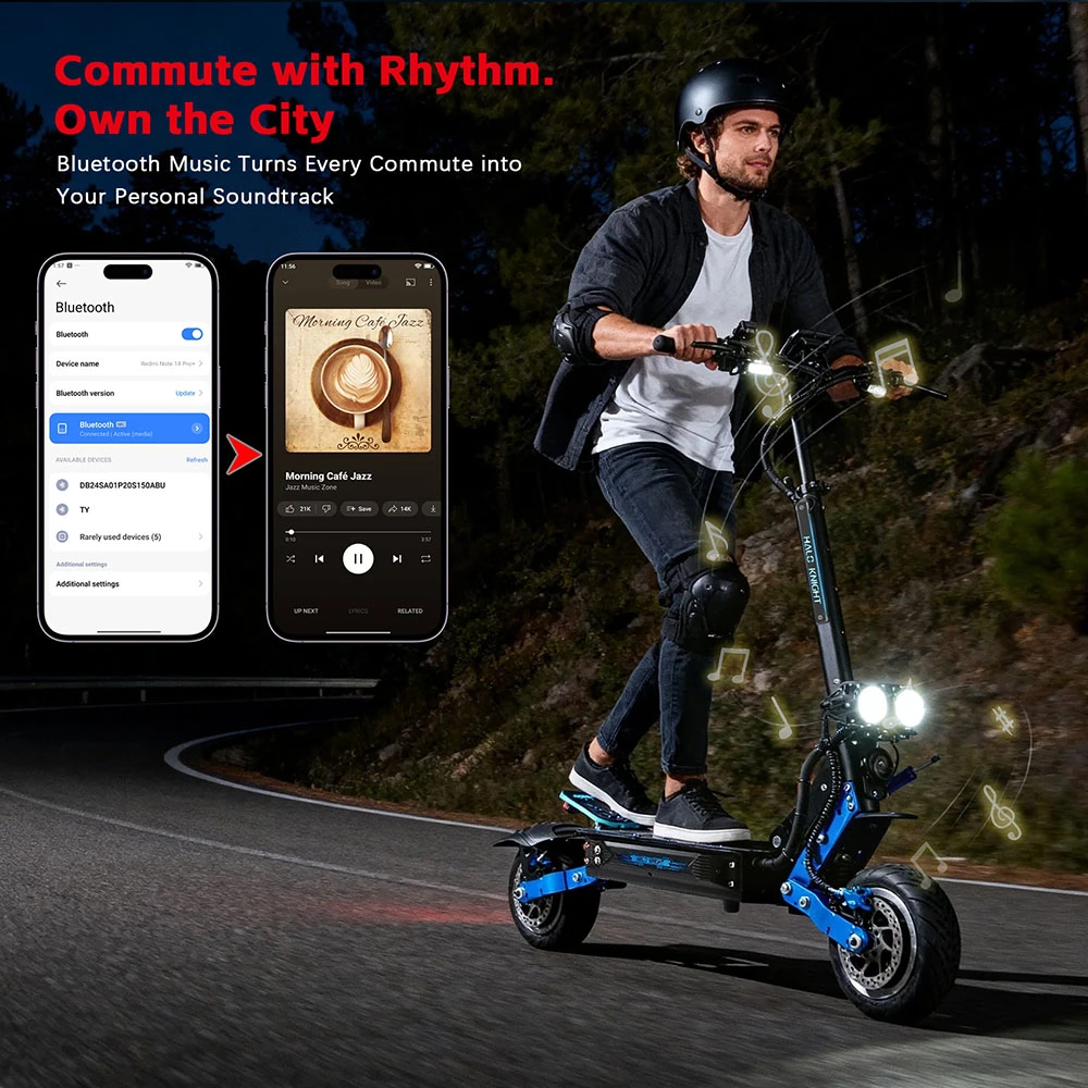 Trottinette électrique Halo Knight T108 Pro (version 2025), moteur 2 x 3 000 W, batterie 60 V 38,4 Ah, pneus 11 pouces, vitesse maximale 95 km/h, autonomie 80 km, doubles freins hydrauliques, suspensions à ressorts avant et arrière.