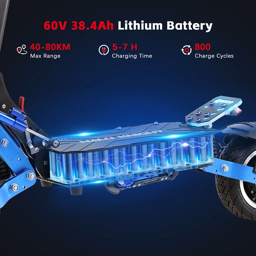 Trottinette électrique Halo Knight T108 Pro (version 2025), moteur 2 x 3 000 W, batterie 60 V 38,4 Ah, pneus 11 pouces, vitesse maximale 95 km/h, autonomie 80 km, doubles freins hydrauliques, suspensions à ressorts avant et arrière.