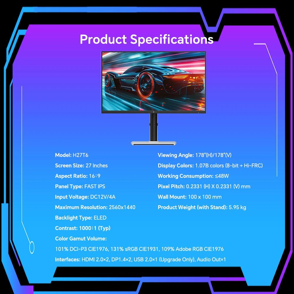 KTC H27T6 Gaming Monitor, 27 inch 2560*1440 Fast IPS Screen, 210Hz Refresh Rate, 1ms GTG Response Time, HDR400, FreeSync & / G-Sync, Low Blue Light & Flicker-Free, Built-in Dual 2W Speakers, Flexible Stand & 100x100mm VESA Mount Supported