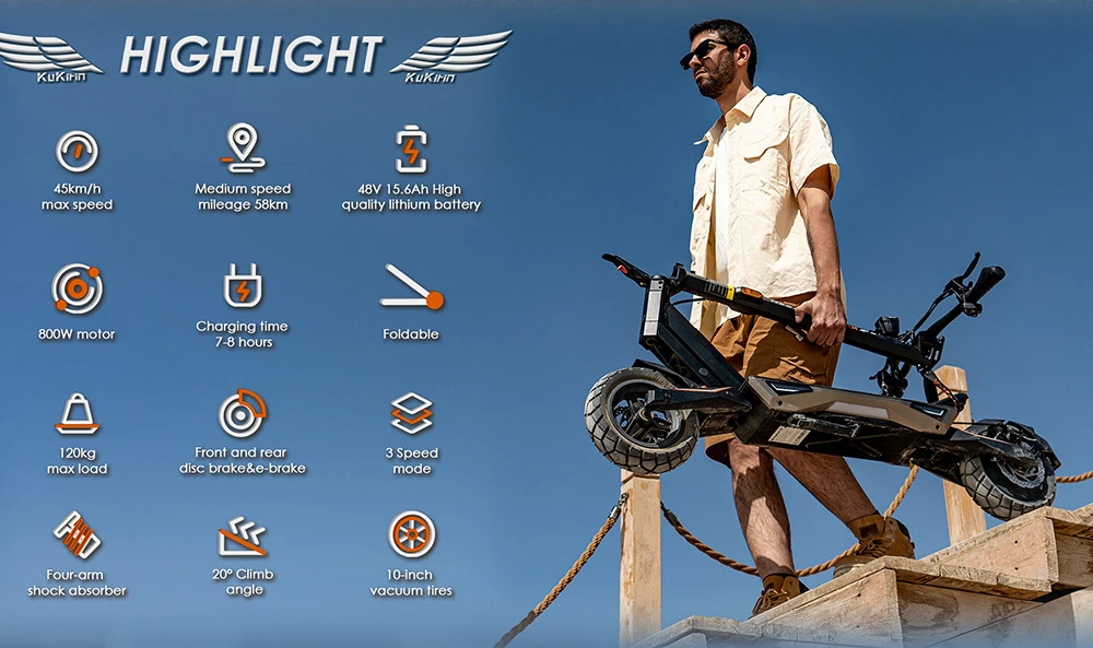 Trottinette électrique KuKirin T3, moteur 800 W, batterie 48 V 15,6 Ah, pneus 10 pouces, vitesse maximale 45 km/h, autonomie 58 km, freins à disque avant et arrière, amortisseur à quatre bras