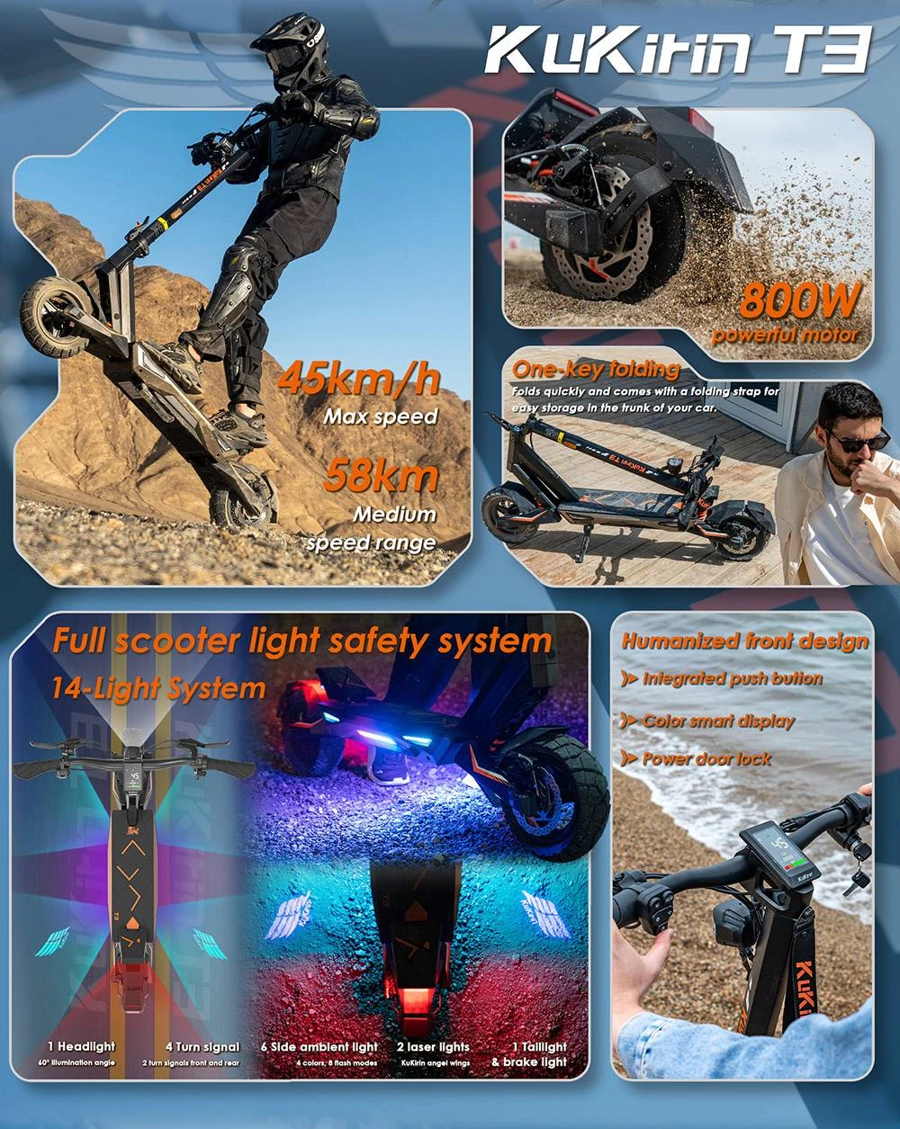 Trottinette électrique KuKirin T3, moteur 800 W, batterie 48 V 15,6 Ah, pneus 10 pouces, vitesse maximale 45 km/h, autonomie 58 km, freins à disque avant et arrière, amortisseur à quatre bras