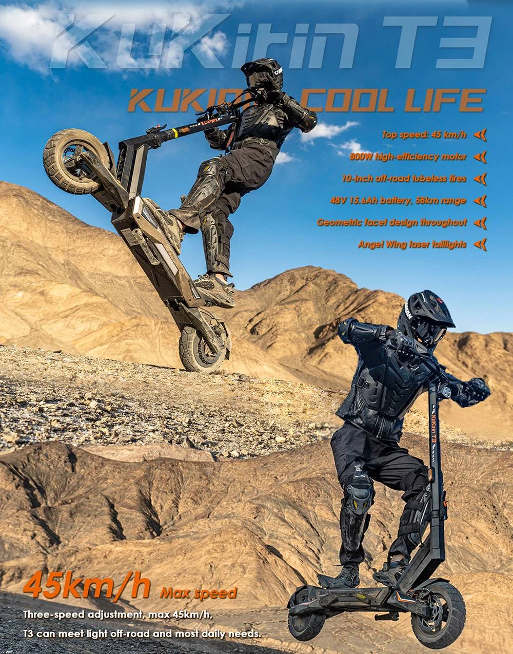 Trottinette électrique KuKirin T3, moteur 800 W, batterie 48 V 15,6 Ah, pneus 10 pouces, vitesse maximale 45 km/h, autonomie 58 km, freins à disque avant et arrière, amortisseur à quatre bras