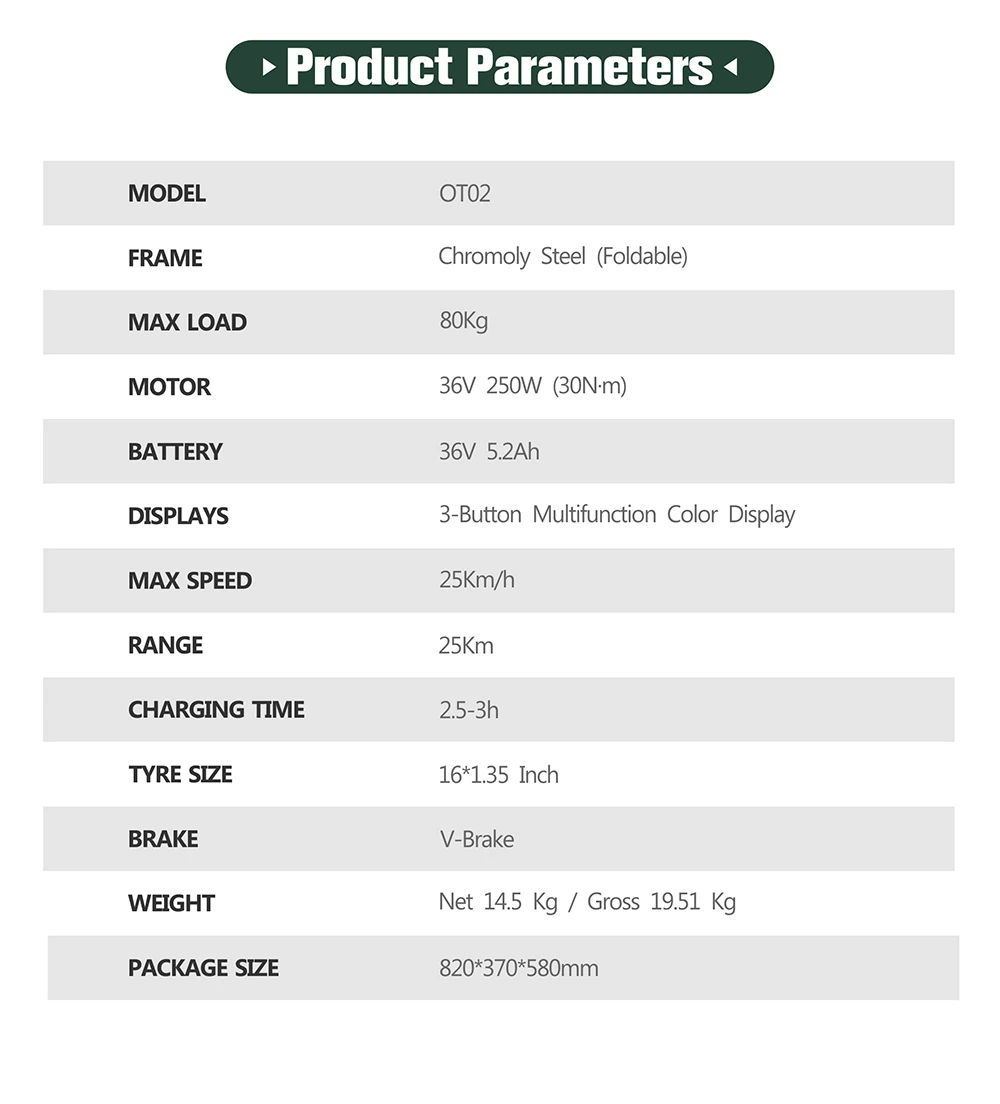 Vélo électrique pliant ONESPORT OT02, moteur 250 W, batterie 36 V 5,2 Ah, pneus 16 pouces, vitesse maximale 25 km/h, autonomie 25 km, freins V-Brake - Vert