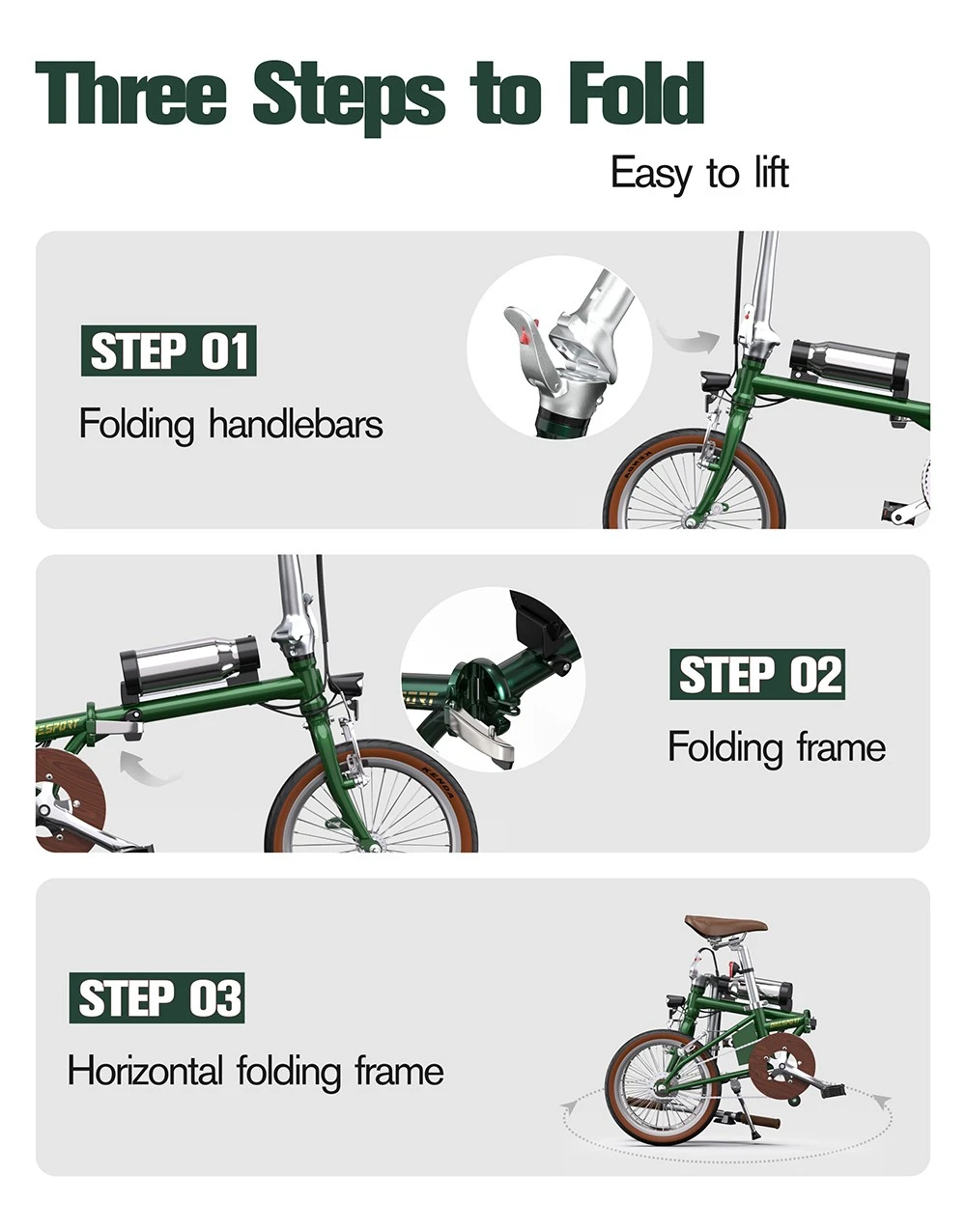 Vélo électrique pliant ONESPORT OT02, moteur 250 W, batterie 36 V 5,2 Ah, pneus 16 pouces, vitesse maximale 25 km/h, autonomie 25 km, freins V-Brake - Vert