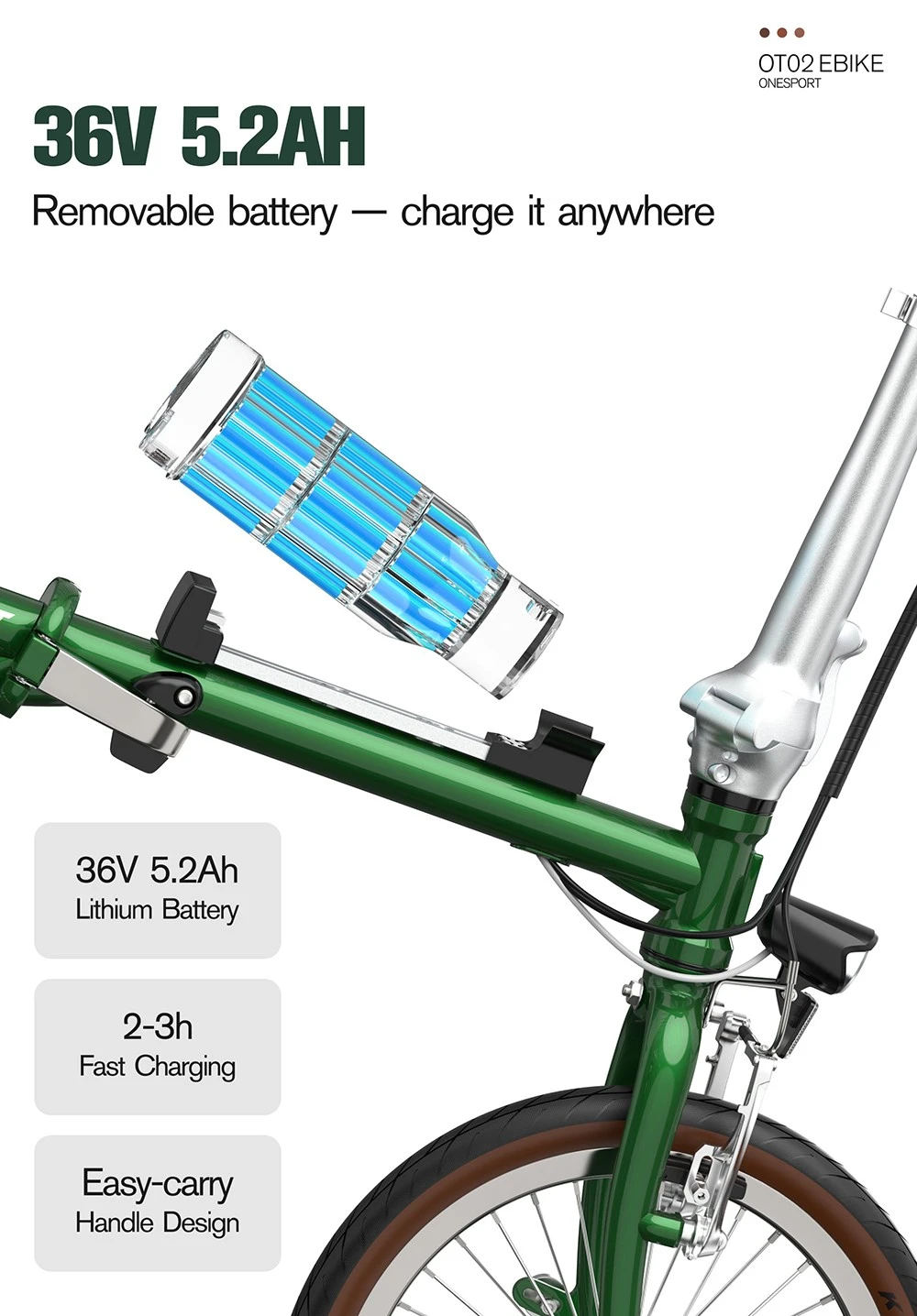 Vélo électrique pliant ONESPORT OT02, moteur 250 W, batterie 36 V 5,2 Ah, pneus 16 pouces, vitesse maximale 25 km/h, autonomie 25 km, freins V-Brake - Vert