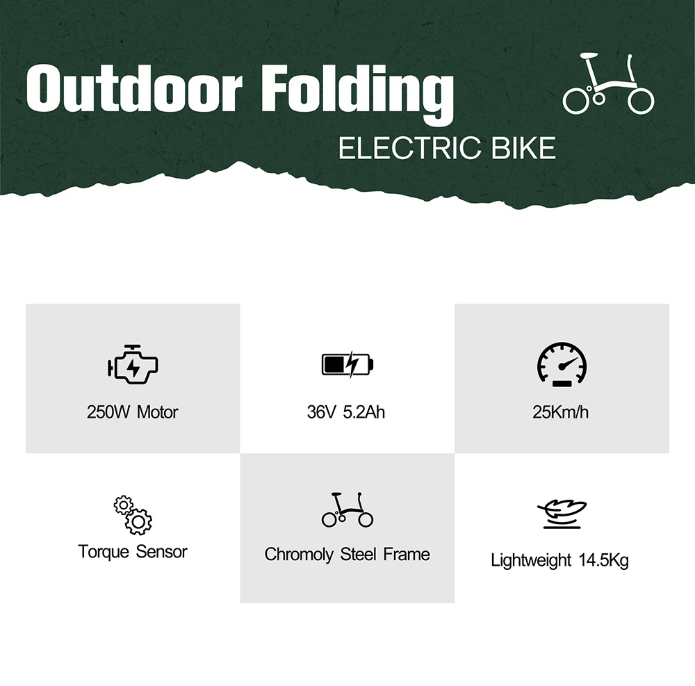 Vélo électrique pliant ONESPORT OT02, moteur 250 W, batterie 36 V 5,2 Ah, pneus 16 pouces, vitesse maximale 25 km/h, autonomie 25 km, freins V-Brake - Vert