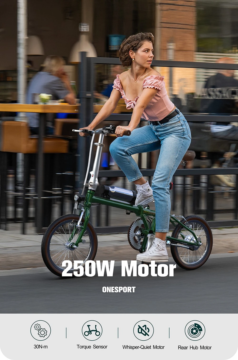 Vélo électrique pliant ONESPORT OT02, moteur 250 W, batterie 36 V 5,2 Ah, pneus 16 pouces, vitesse maximale 25 km/h, autonomie 25 km, freins V-Brake - Vert