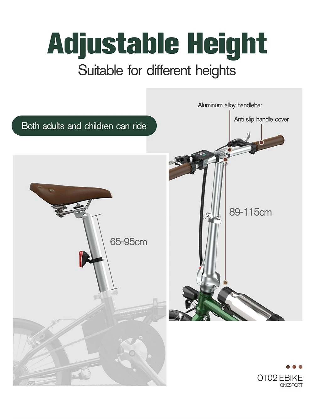 Vélo électrique pliant ONESPORT OT02, moteur 250 W, batterie 36 V 5,2 Ah, pneus 16 pouces, vitesse maximale 25 km/h, autonomie 25 km, freins V-Brake - Vert