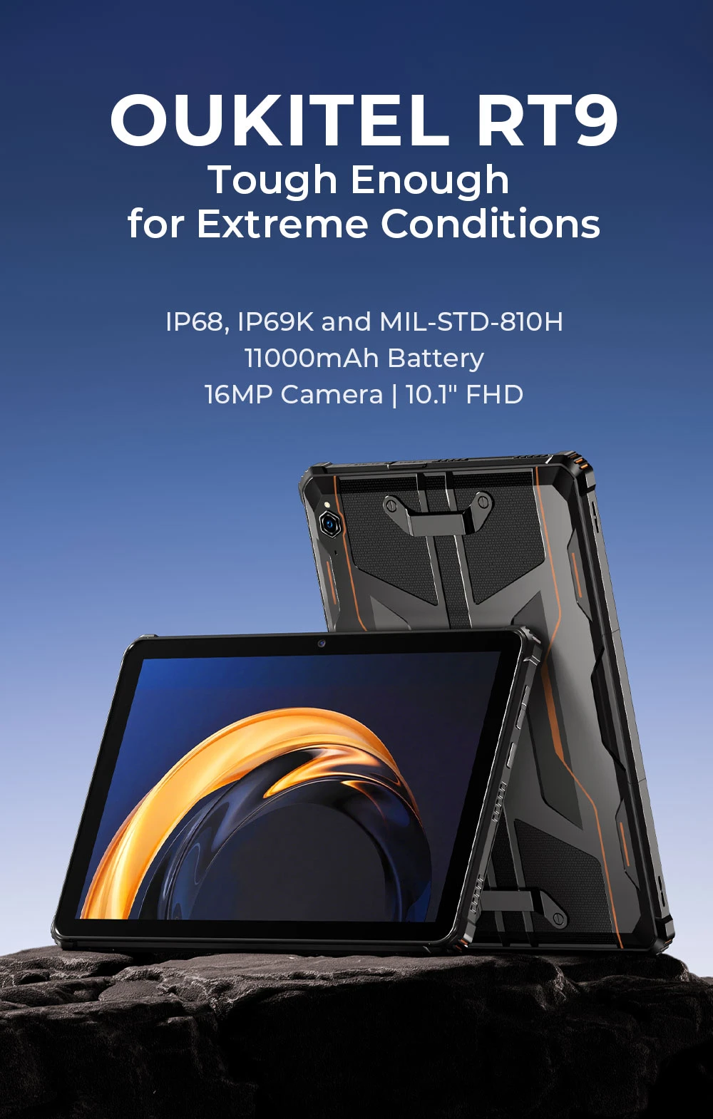 OUKITEL RT9 Rugged Tablet, 10.1 inch 1280*800 IPS Screen, Unisoc T606 8 Cores, Android 14, 6GB RAM 256GB ROM, 11000mAh Battery, 16MP+16MP Cameras, 2.4G/5G WiFi Bluetooth 5.0, GPS/Galileo/GLONASS/BDS, Dual SIM 4G LTE, Reverse Charge - Orange