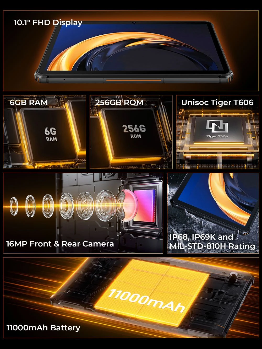 OUKITEL RT9 Rugged Tablet, 10.1 inch 1280*800 IPS Screen, Unisoc T606 8 Cores, Android 14, 6GB RAM 256GB ROM, 11000mAh Battery, 16MP+16MP Cameras, 2.4G/5G WiFi Bluetooth 5.0, GPS/Galileo/GLONASS/BDS, Dual SIM 4G LTE, Reverse Charge - Orange