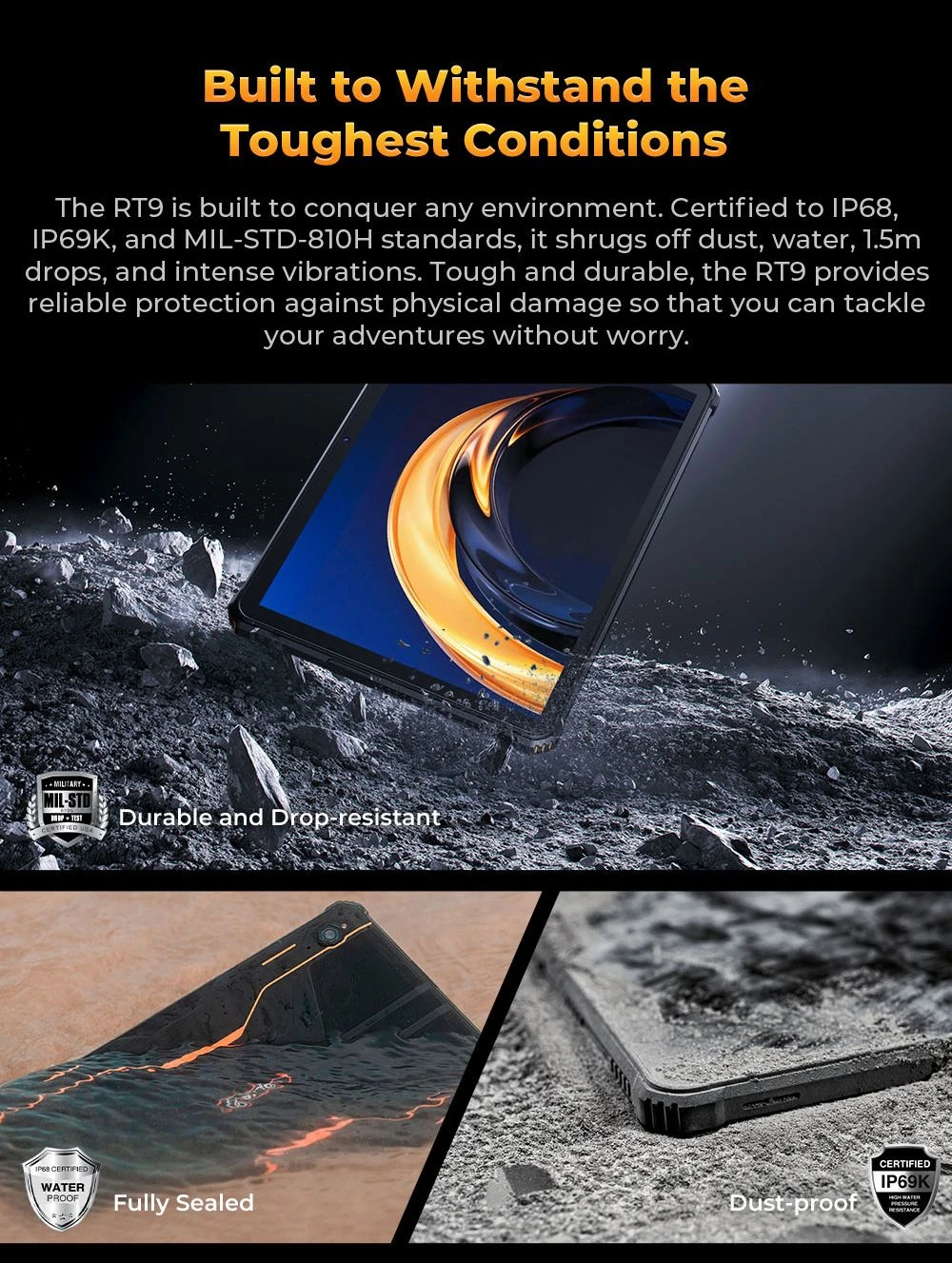 OUKITEL RT9 Rugged Tablet, 10.1 inch 1280*800 IPS Screen, Unisoc T606 8 Cores, Android 14, 6GB RAM 256GB ROM, 11000mAh Battery, 16MP+16MP Cameras, 2.4G/5G WiFi Bluetooth 5.0, GPS/Galileo/GLONASS/BDS, Dual SIM 4G LTE, Reverse Charge - Orange