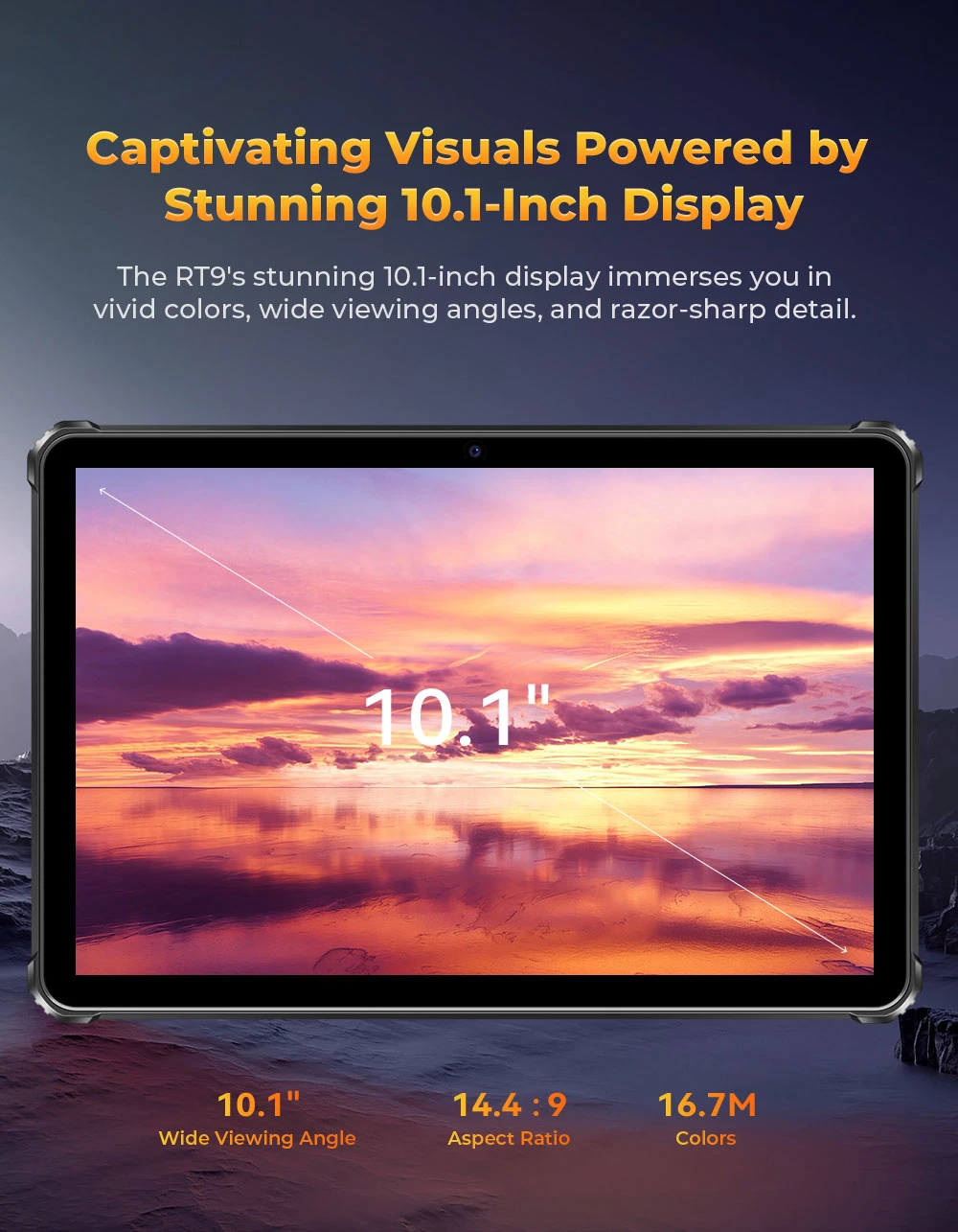 OUKITEL RT9 Rugged Tablet, 10.1 inch 1280*800 IPS Screen, Unisoc T606 8 Cores, Android 14, 6GB RAM 256GB ROM, 11000mAh Battery, 16MP+16MP Cameras, 2.4G/5G WiFi Bluetooth 5.0, GPS/Galileo/GLONASS/BDS, Dual SIM 4G LTE, Reverse Charge - Orange