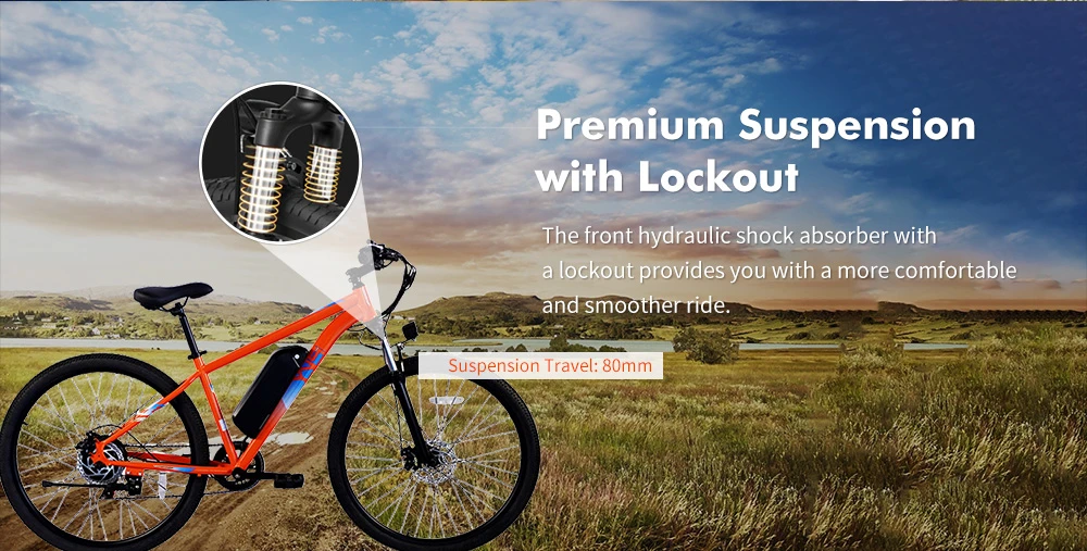 Vélo électrique PVY M29, moteur 250 W, batterie 48 V 17,5 Ah, pneus 29 pouces, vitesse maximale 25 km/h, autonomie 120 km, freins à disque mécaniques doubles, suspension hydraulique avant, transmission Shimano 7 vitesses, contrôle via application - Orange