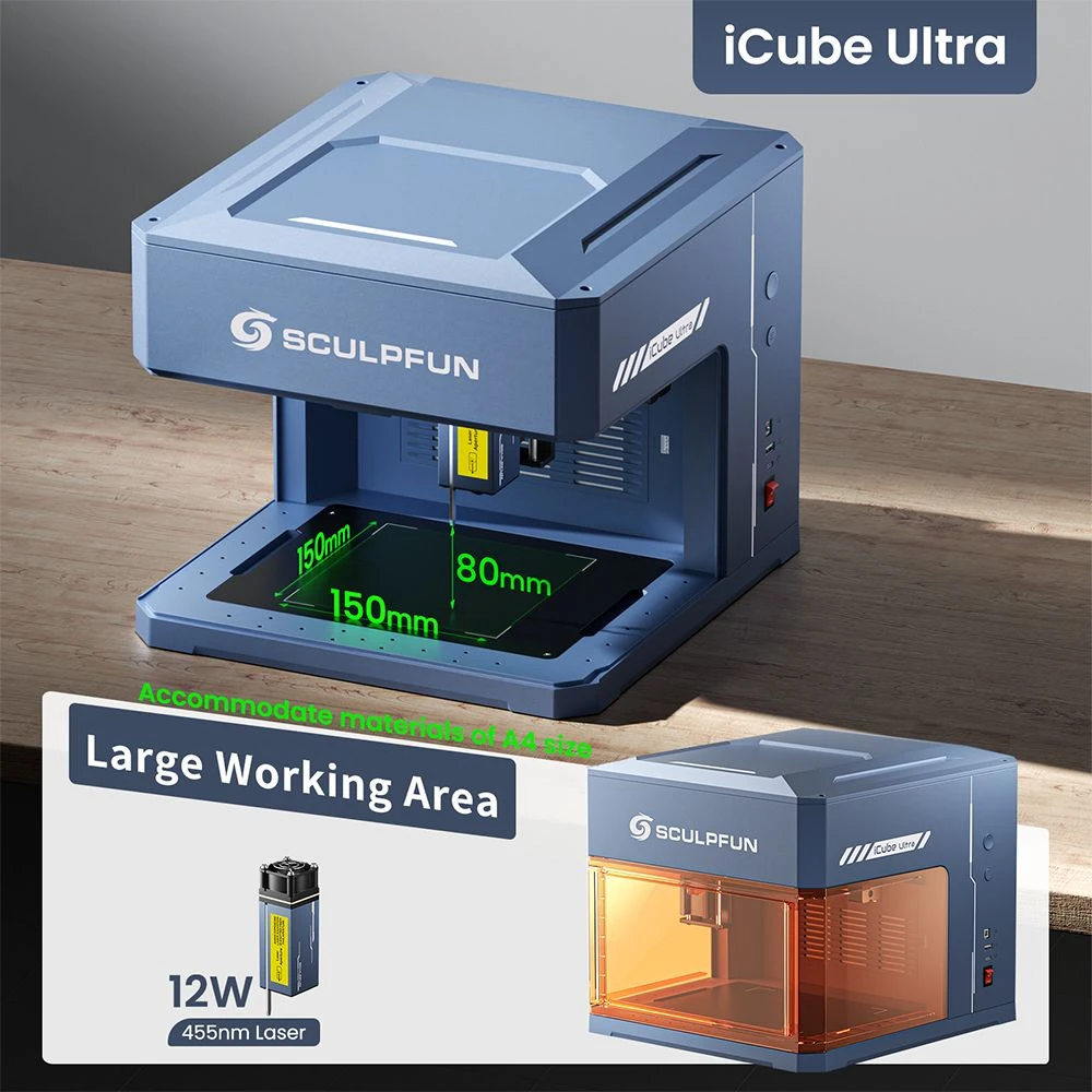 Graveur laser SCULPFUN iCube Ultra 12 W, conception fermée de classe 1, mise au point automatique, point laser de 0,08 mm, zone de gravure de 150 x 150 mm, filtre à fumée intégré, précision haute vitesse pour bois, cuir et bambou.
