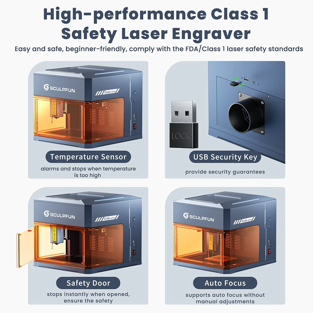Graveur laser SCULPFUN iCube Ultra 12 W, conception fermée de classe 1, mise au point automatique, point laser de 0,08 mm, zone de gravure de 150 x 150 mm, filtre à fumée intégré, précision haute vitesse pour bois, cuir et bambou.