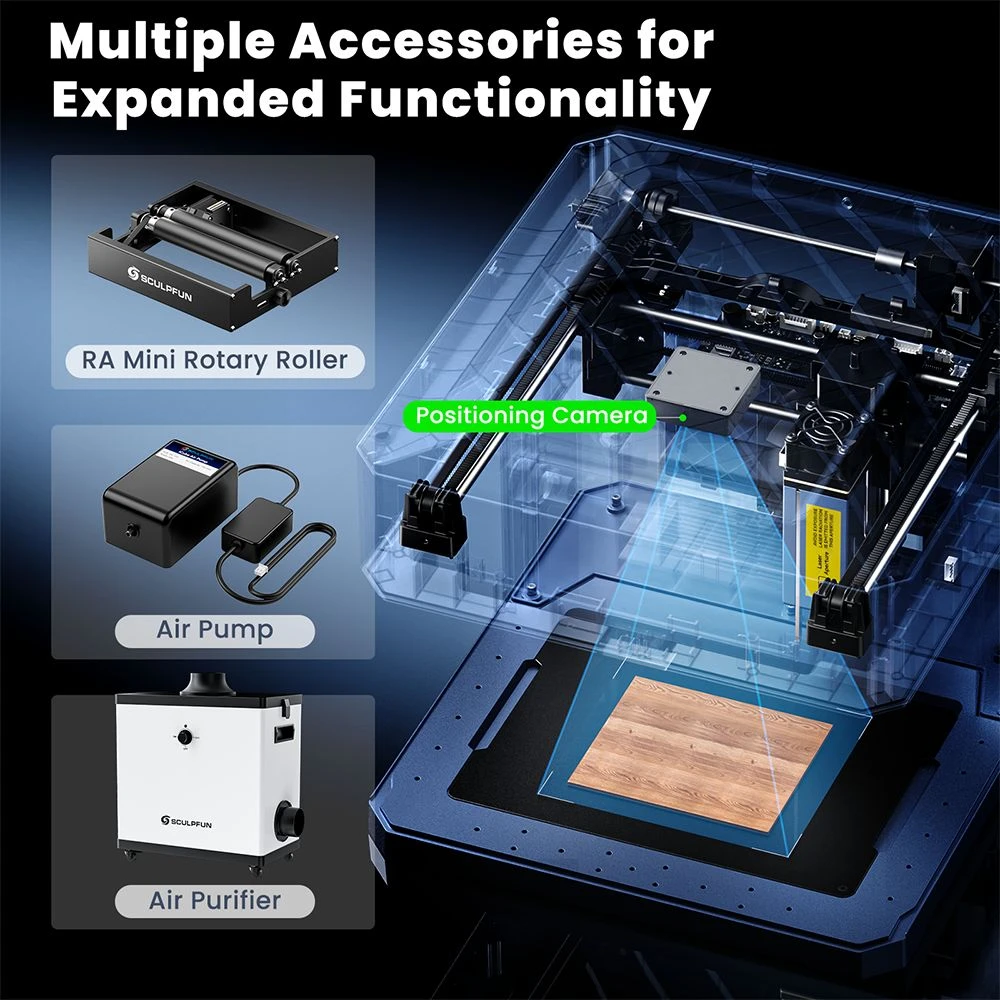 Graveur laser SCULPFUN iCube Ultra 12 W, conception fermée de classe 1, mise au point automatique, point laser de 0,08 mm, zone de gravure de 150 x 150 mm, filtre à fumée intégré, précision haute vitesse pour bois, cuir et bambou.