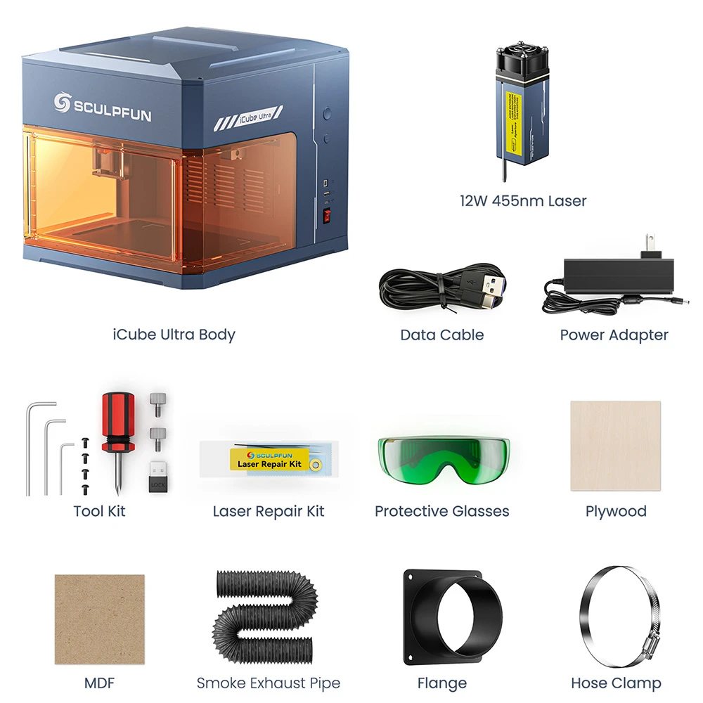 Graveur laser SCULPFUN iCube Ultra 12 W, conception fermée de classe 1, mise au point automatique, point laser de 0,08 mm, zone de gravure de 150 x 150 mm, filtre à fumée intégré, précision haute vitesse pour bois, cuir et bambou.