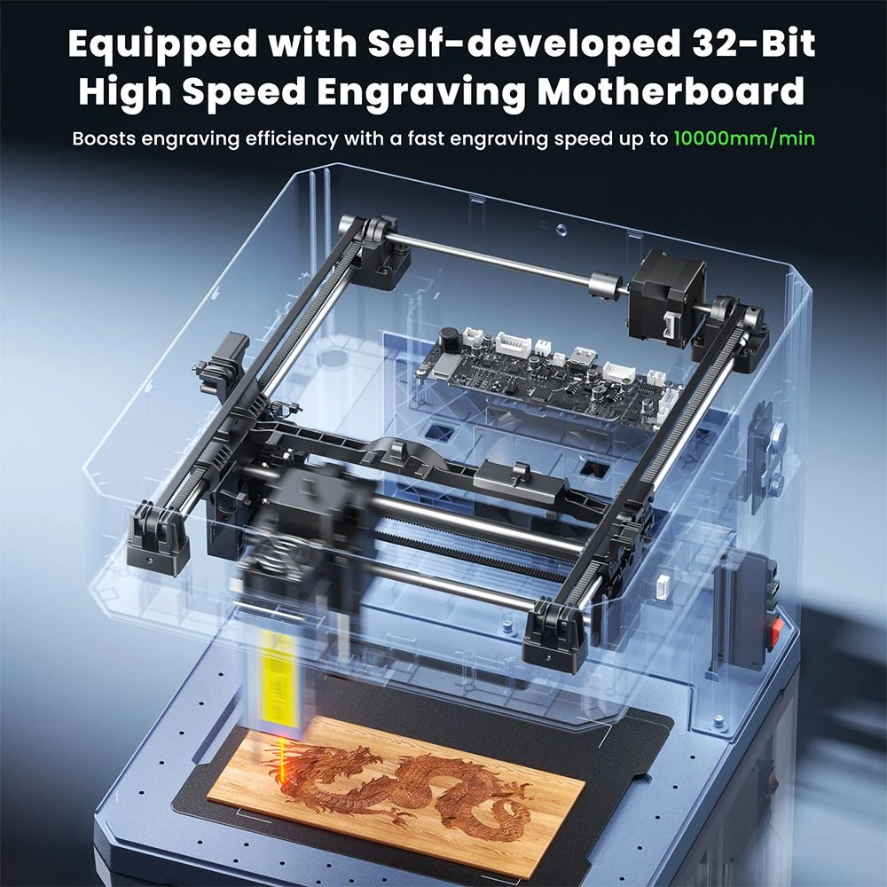 Graveur laser SCULPFUN iCube Ultra 12 W, conception fermée de classe 1, mise au point automatique, point laser de 0,08 mm, zone de gravure de 150 x 150 mm, filtre à fumée intégré, précision haute vitesse pour bois, cuir et bambou.