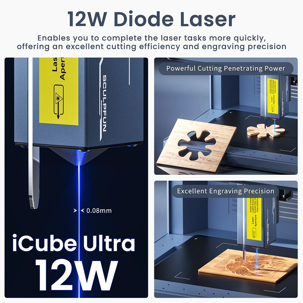 Graveur laser SCULPFUN iCube Ultra 12 W, conception fermée de classe 1, mise au point automatique, point laser de 0,08 mm, zone de gravure de 150 x 150 mm, filtre à fumée intégré, précision haute vitesse pour bois, cuir et bambou.