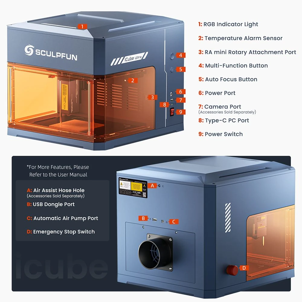 Graveur laser SCULPFUN iCube Ultra 12 W, conception fermée de classe 1, mise au point automatique, point laser de 0,08 mm, zone de gravure de 150 x 150 mm, filtre à fumée intégré, précision haute vitesse pour bois, cuir et bambou.