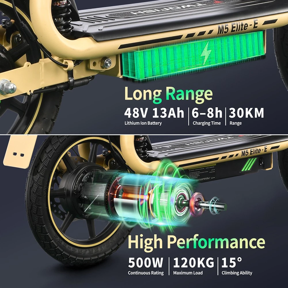 Trottinette électrique TWOFISH M5 Elite-E certifiée CEE avec siège et panier arrière, moteur 500 W, batterie 48 V 13 Ah, pneus 14 pouces, vitesse maximale 40 km/h, autonomie 30 km, freins à double disque, amortisseurs avant et arrière - Noir