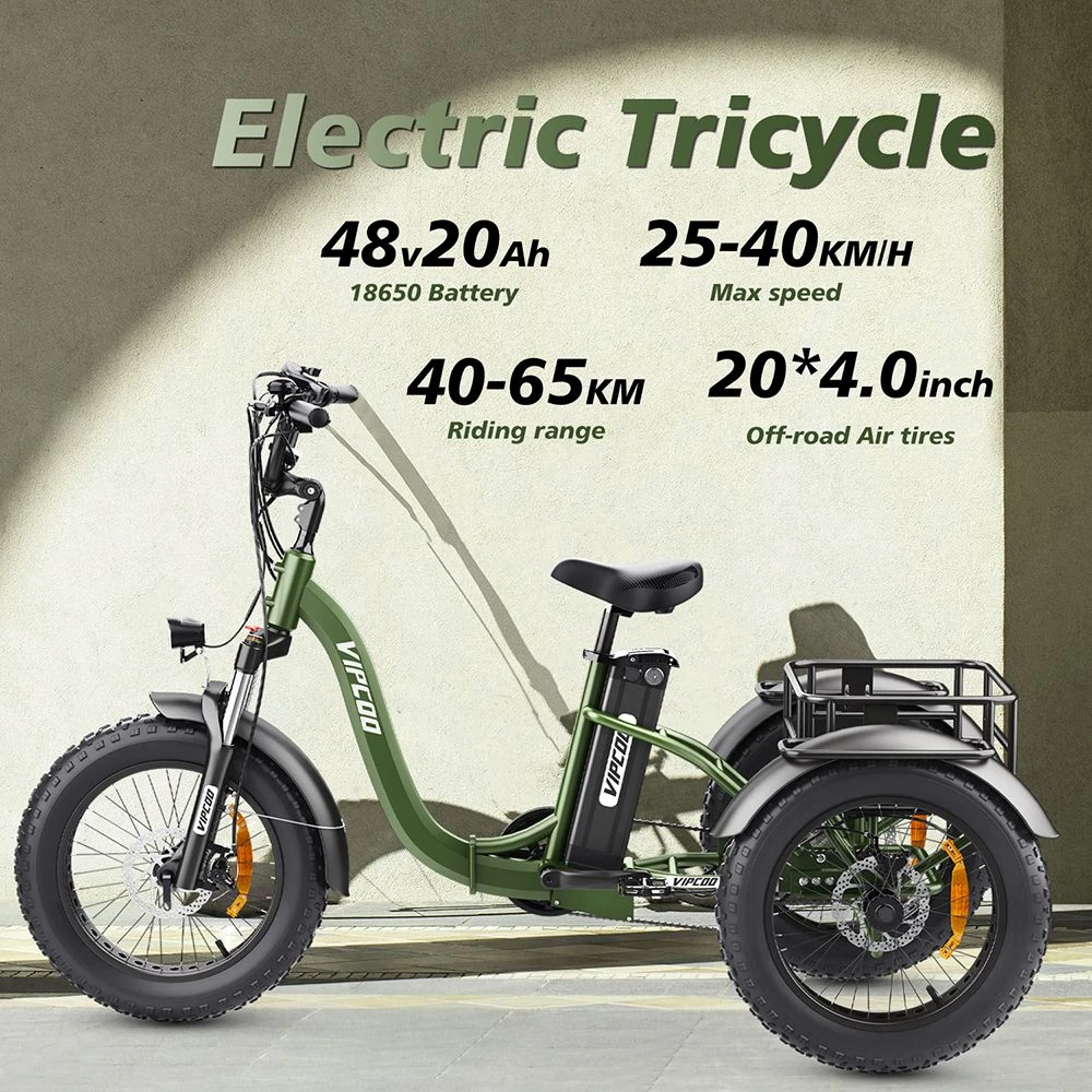 Vipcoo VC-ET1 Electric Tricycle, 750W Motor, 48V 20Ah Battery, 20*4.0 inch Tires, 40km/h Max Speed, 65km Range, Mechanical Disc Brakes, Front Fork Suspension, 7-speed Transmission, LCD Display