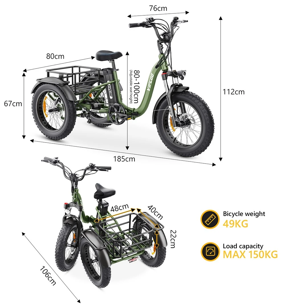 Vipcoo VC-ET1 Electric Tricycle, 750W Motor, 48V 20Ah Battery, 20*4.0 inch Tires, 40km/h Max Speed, 65km Range, Mechanical Disc Brakes, Front Fork Suspension, 7-speed Transmission, LCD Display