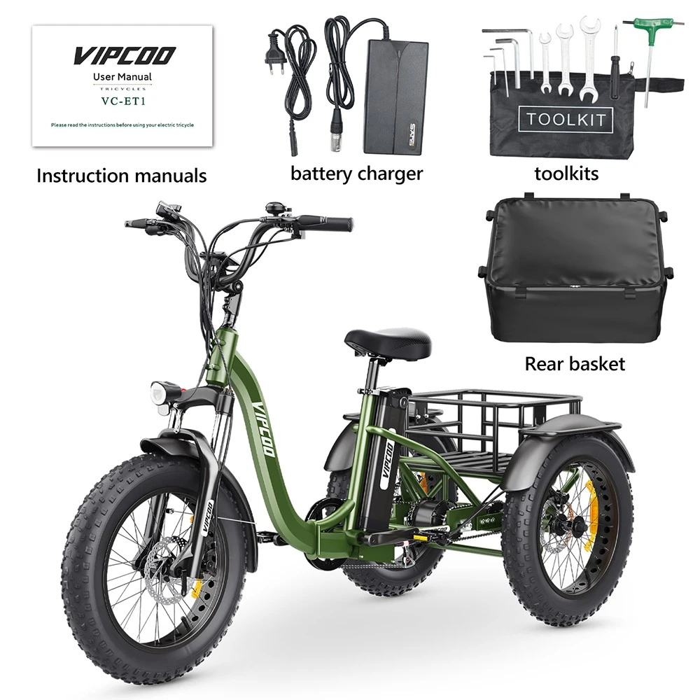Vipcoo VC-ET1 Electric Tricycle, 750W Motor, 48V 20Ah Battery, 20*4.0 inch Tires, 40km/h Max Speed, 65km Range, Mechanical Disc Brakes, Front Fork Suspension, 7-speed Transmission, LCD Display