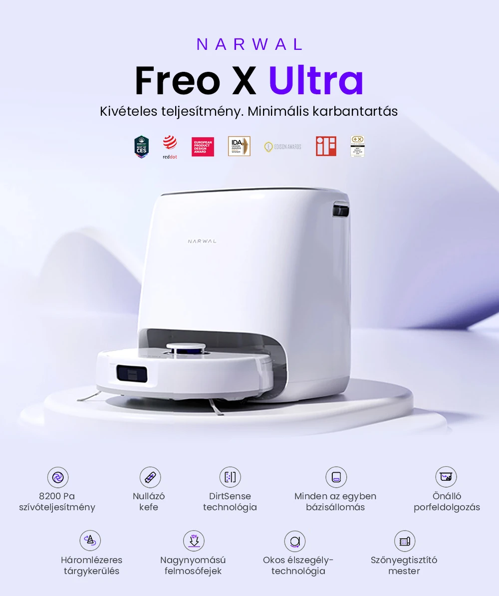 Narwal Freo X Ultra Robot Porszívó és Felmosó Automatikus Mosással és Önürítéssel, Erős 8200Pa Szívóerővel, Nulla Gubancolódásgátló Lebegő Kefével, Automatikus Felmosó Emelés 12 mm-ig, All-in-One Alapállomás