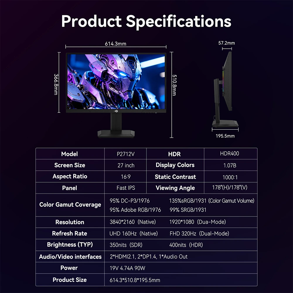 TITAN ARMY P2712V Gaming Monitor, 27 inch Fast IPS, 3840×2160@160Hz & 1920×1080@320Hz, HDR400, 12 Scenario Modes, Game Assist, 1ms GTG Response Time, Dynamic OD, RGB Gaming Lighting, Low Blue Light, 2*HDMI 2.1, 2*DP 1.4, 1*Audio