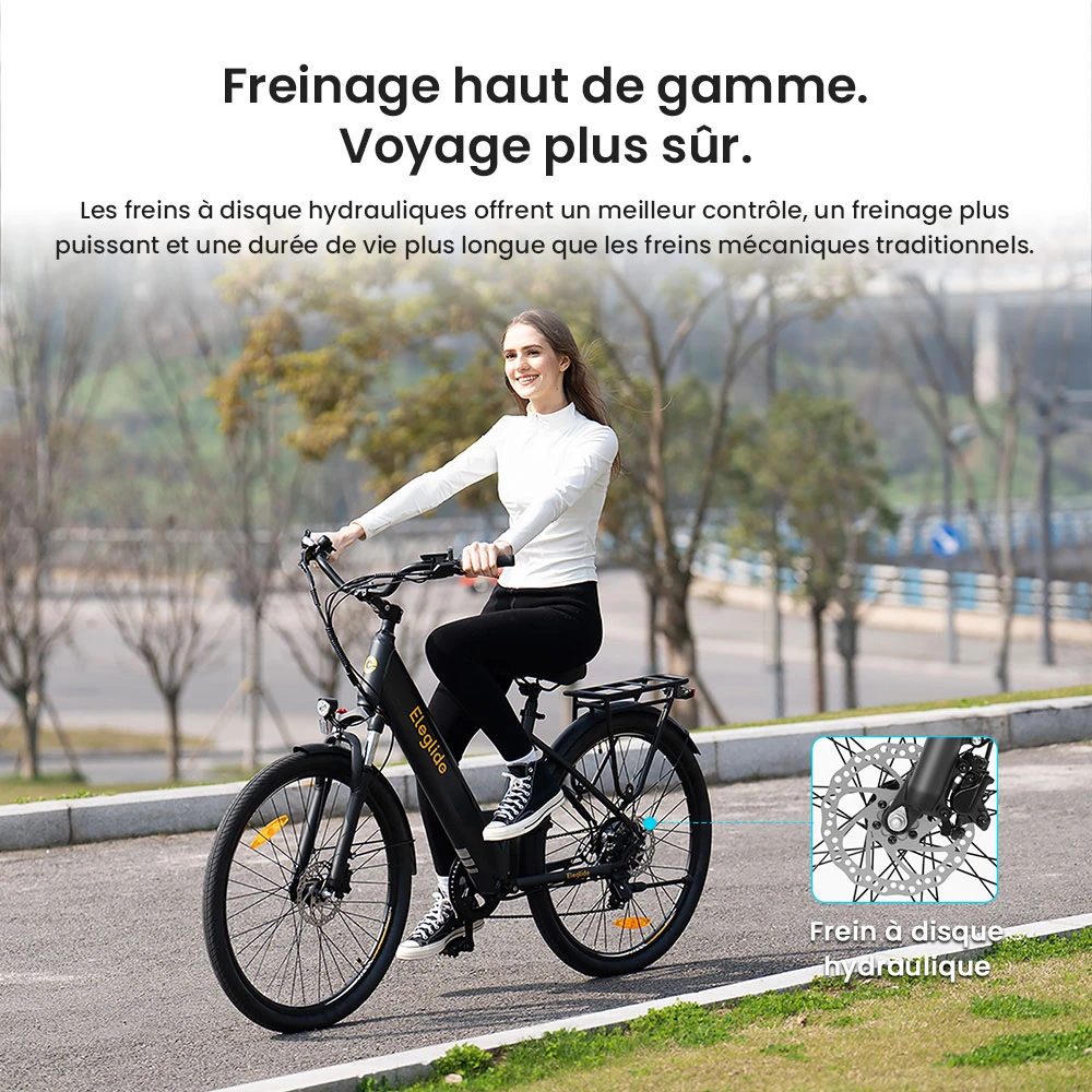 Vélo électrique Eleglide T2, moteur 250 W, batterie 36 V 13 Ah, pneus 27,5 x 2,1 pouces, vitesse maximale 25 km/h, autonomie maximale 100 km, freins à disque hydrauliques, fourche à suspension avec blocage, Shimano 7 vitesses, écran LCD, contrôle par application