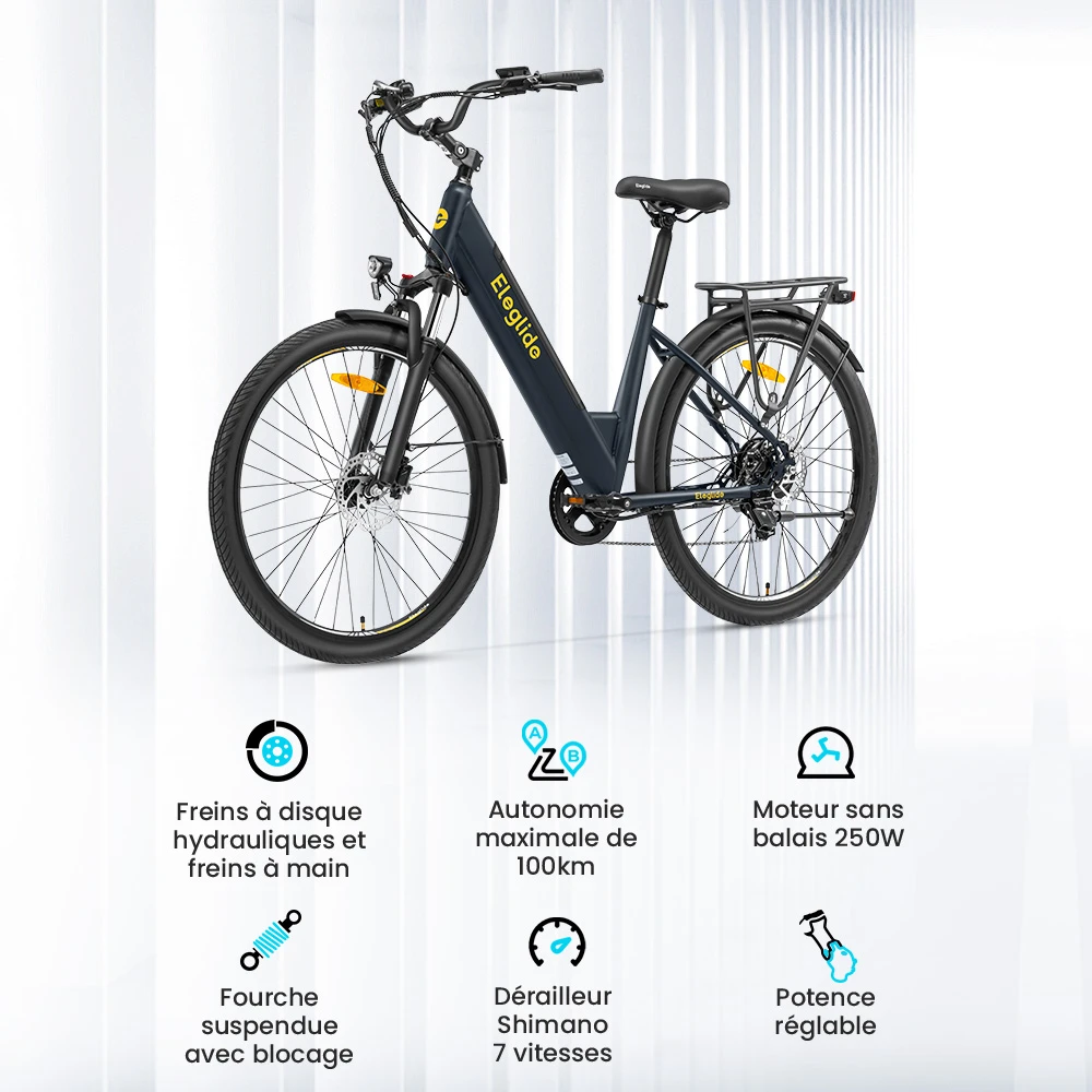 Vélo électrique Eleglide T2, moteur 250 W, batterie 36 V 13 Ah, pneus 27,5 x 2,1 pouces, vitesse maximale 25 km/h, autonomie maximale 100 km, freins à disque hydrauliques, fourche à suspension avec blocage, Shimano 7 vitesses, écran LCD, contrôle par application