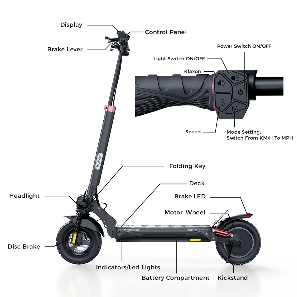 iScooter iX4 10-inch Electric Scooter 800W Motor max speed 45km/h 48V 15Ah Battery up to 40-45km Range App Control, Body Warning Light