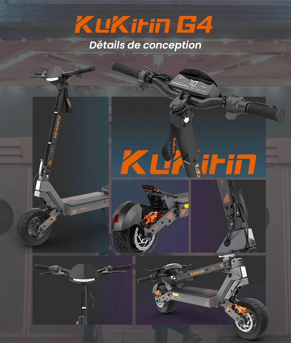 KuKirin G4 Trottinette électrique, moteur 2 x 1 000 W, batterie 60 V 20 Ah, pneus 11 pouces, vitesse maximale 70 km/h, autonomie 75 km, freins à disque avant et arrière, amortisseur à quatre bras