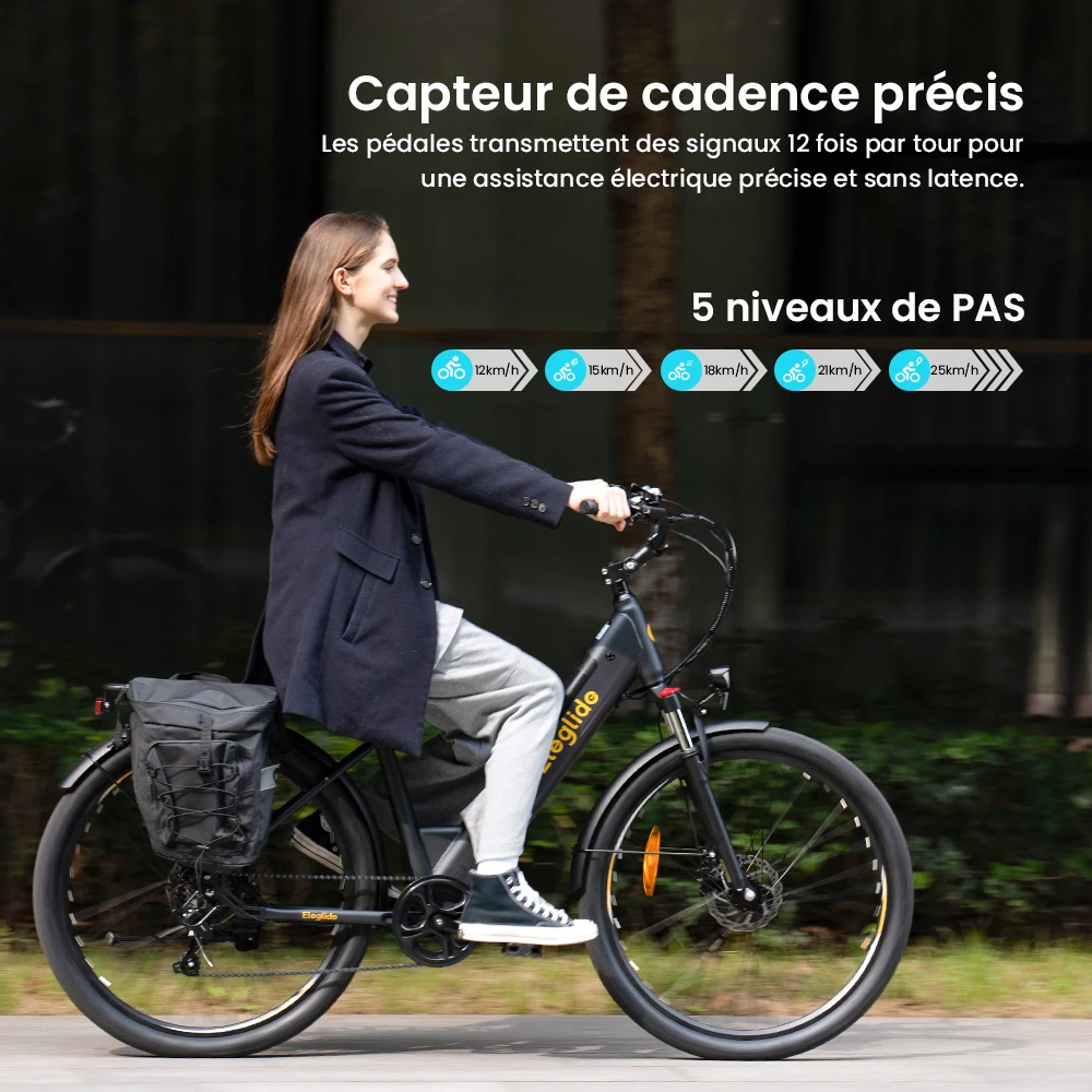 Vélo électrique Eleglide T2, moteur 250 W, batterie 36 V 13 Ah, pneus 27,5 x 2,1 pouces, vitesse maximale 25 km/h, autonomie maximale 100 km, freins à disque hydrauliques, fourche à suspension avec blocage, Shimano 7 vitesses, écran LCD, contrôle par application