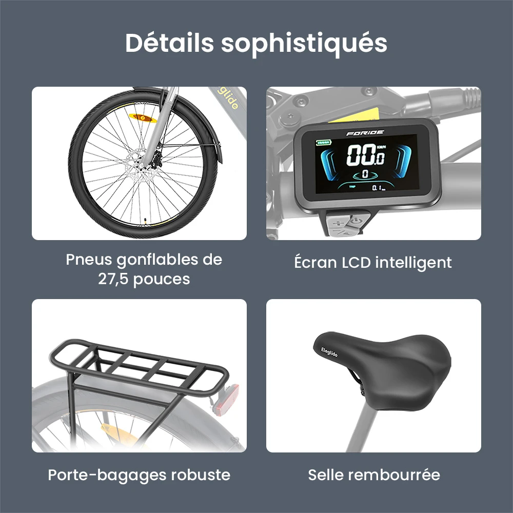 Vélo électrique Eleglide T2, moteur 250 W, batterie 36 V 13 Ah, pneus 27,5 x 2,1 pouces, vitesse maximale 25 km/h, autonomie maximale 100 km, freins à disque hydrauliques, fourche à suspension avec blocage, Shimano 7 vitesses, écran LCD, contrôle par application