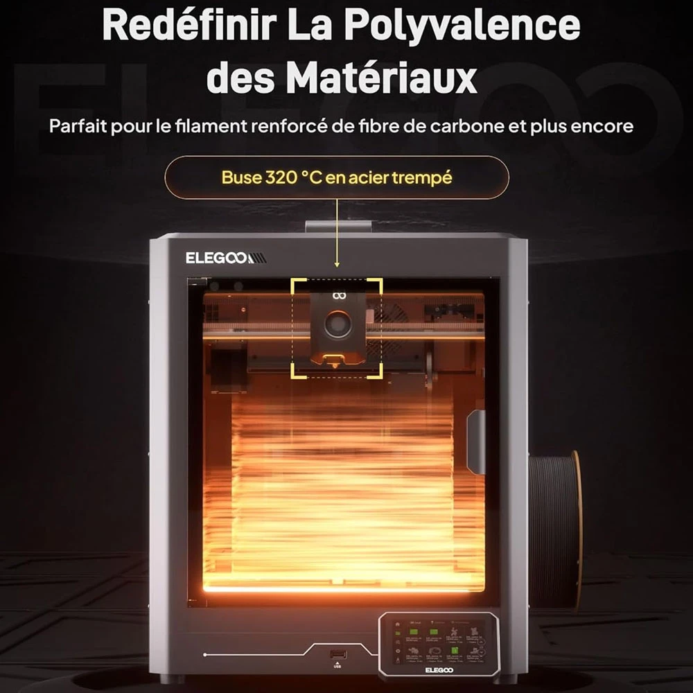 Elegoo Centauri Carbon Imprimante 3D, CoreXY 500mm/s, Busse 320°C, Bande LED, Compatible Carbon/PLA/ABS, 256*256*256mm