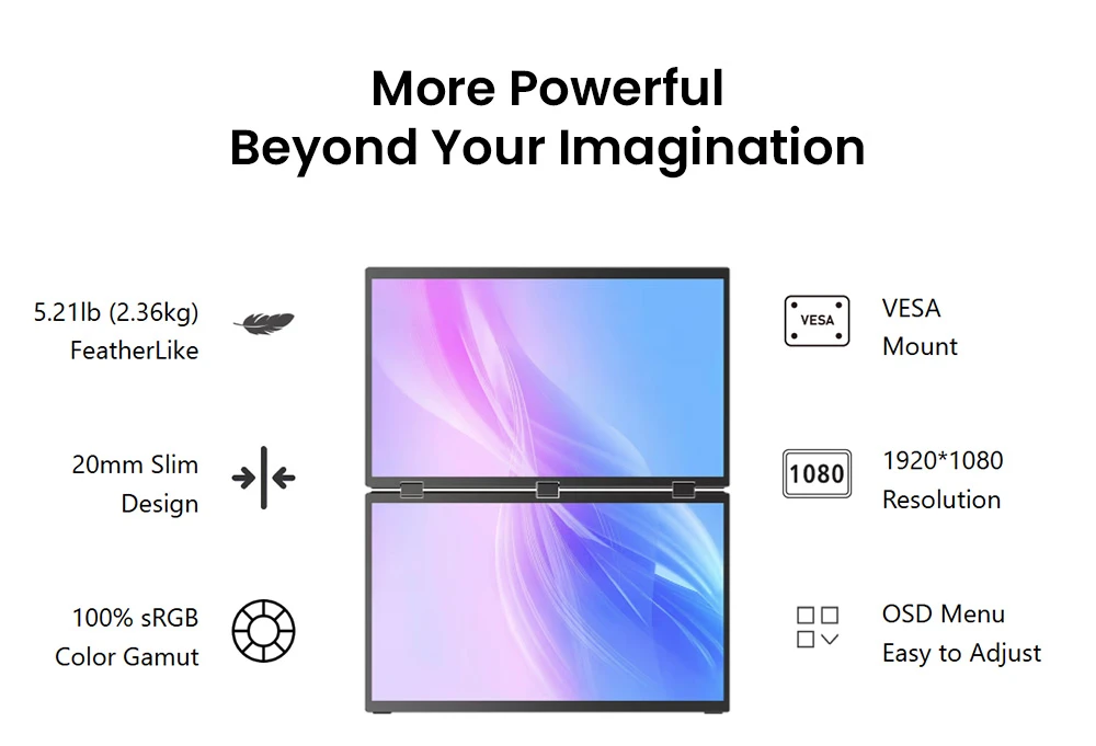 Monitor portátil de doble pantalla táctil Delta Max UPERFECT, 18.5 pulgadas, 1920 x 1080, 100 Hz, IPS, ángulo de visión de 178°, altavoces integrados, 2 puertos tipo C con todas las funciones, 1 USB, 1 mini HDMI (enchufe de la UE).