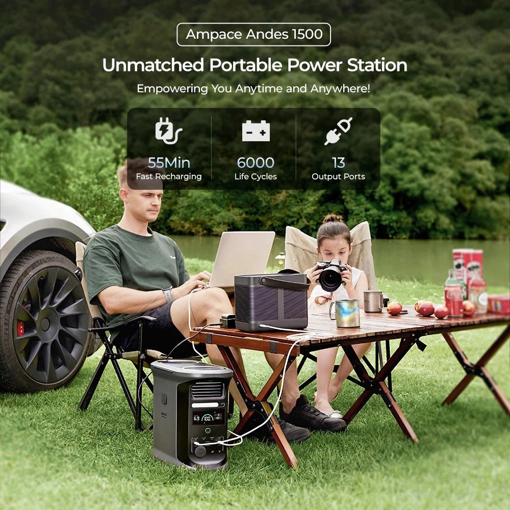 Ampace Andes 1500 Portable Power Station, 1462Wh LiFePO4, 2400W (Surge 3600W) SiCPrime Solar Generator, Full Charge in 55min, 4xAC, 4xUSB-A, 2xUSB-C, 2x5521, 1xCar Socket, 6000 Cycles, -20℃~45℃, APP Control, for Outdoor Camping, RVs, Home Backup
