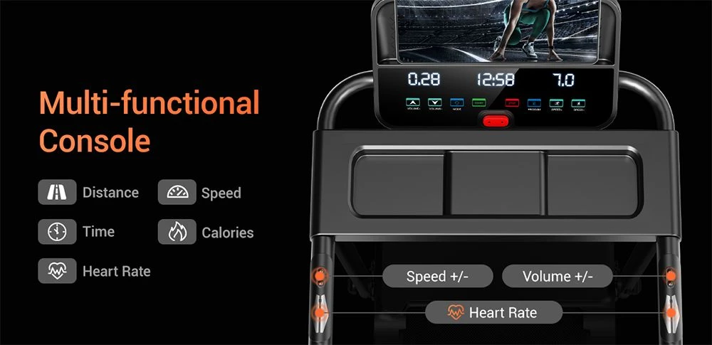 ROBORE P8 Tapis de course pliable 14 km/h, 12 programmes intégrés, avec capteur de fréquence cardiaque, système à double coussin, capacité de charge de 136 kg