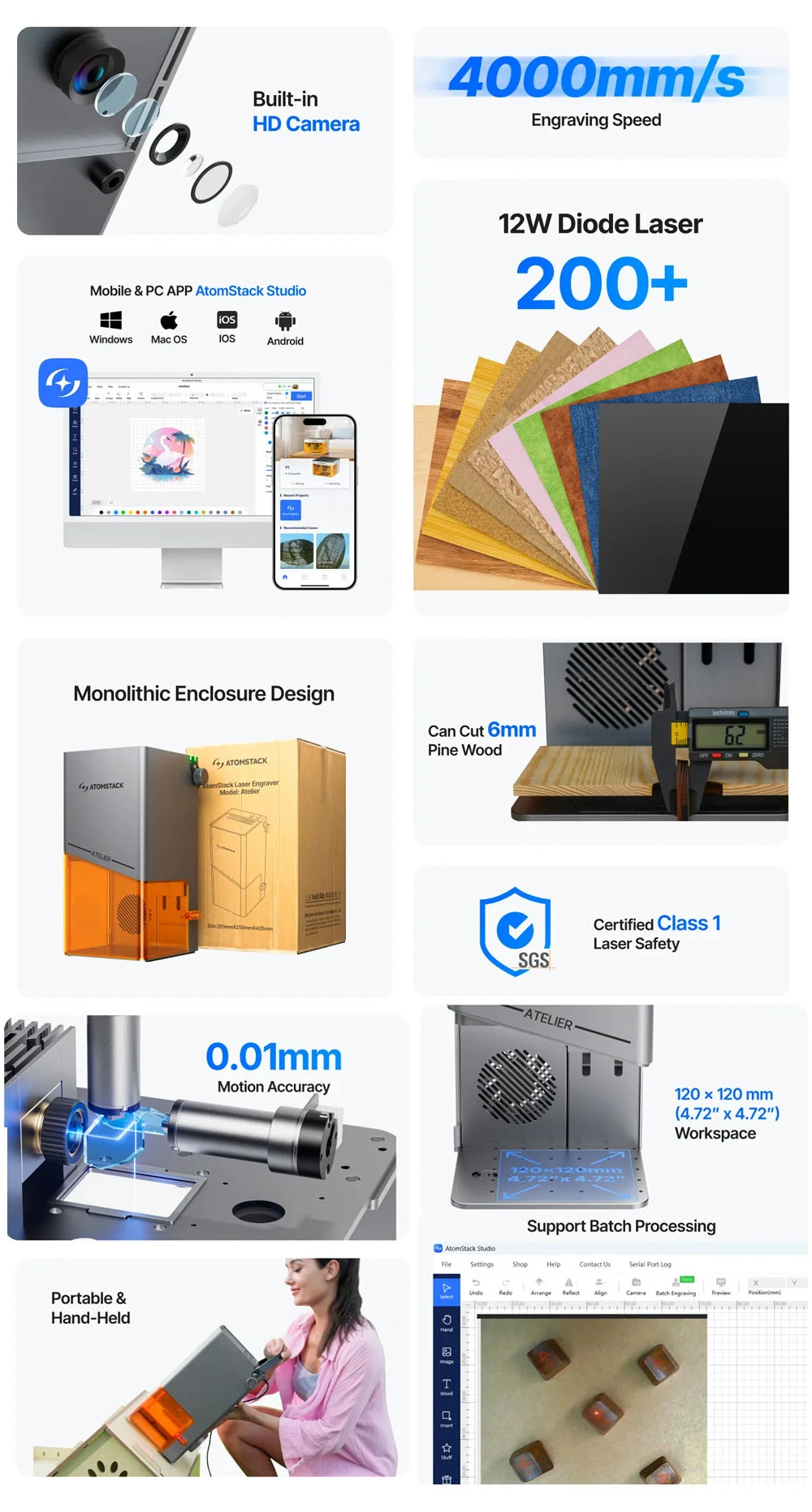 ATOMSTACK Atelier 12W FDA Classe 1 Graveur Laser à Diode, Vitesse 4000mm/s, Précision 0,01mm, Zone de Travail 120x120mm, Caméra HD Intégrée, Compatible avec Bois/Métal/Cuir/Feutre