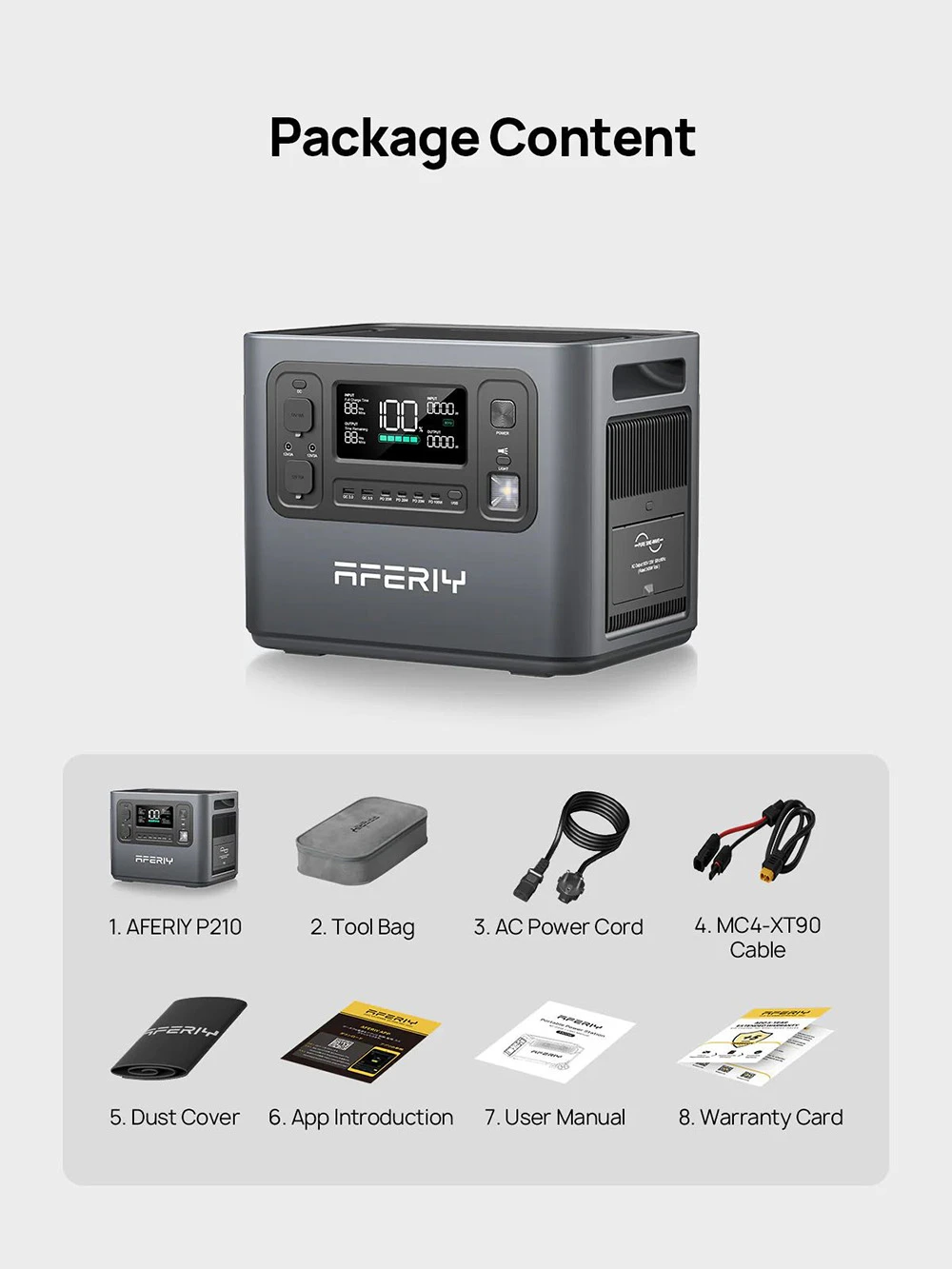Station d'alimentation portable AFERIY P210, puissance de sortie CA de 2 400 W, batterie LiFePO4 de 2 048 Wh, 13 sorties, recharge rapide CA en 2 h, entrée solaire de 500 W et contrôle via application.