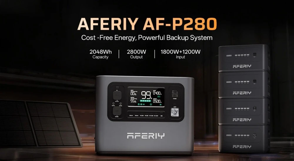 Station d'alimentation portable AFERIY P280, sortie CA sinusoïdale pure de 2 800 W, batterie LiFePO4 de 2 048 Wh, capacité extensible, 13 ports de sortie, recharge rapide en 1,5 h, entrée solaire de 1 200 W, contrôle via application intelligente et onduleur de secours de 10 ms
