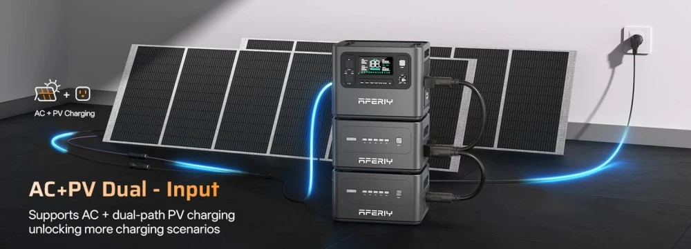 Station d'alimentation portable AFERIY P280, sortie CA sinusoïdale pure de 2 800 W, batterie LiFePO4 de 2 048 Wh, capacité extensible, 13 ports de sortie, recharge rapide en 1,5 h, entrée solaire de 1 200 W, contrôle via application intelligente et onduleur de secours de 10 ms