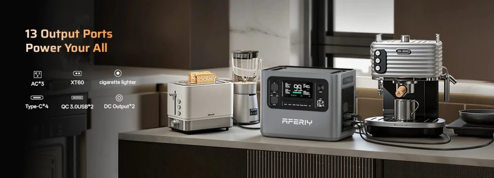 Station d'alimentation portable AFERIY P280, sortie CA sinusoïdale pure de 2 800 W, batterie LiFePO4 de 2 048 Wh, capacité extensible, 13 ports de sortie, recharge rapide en 1,5 h, entrée solaire de 1 200 W, contrôle via application intelligente et onduleur de secours de 10 ms