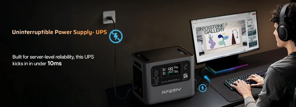 Station d'alimentation portable AFERIY P280, sortie CA sinusoïdale pure de 2 800 W, batterie LiFePO4 de 2 048 Wh, capacité extensible, 13 ports de sortie, recharge rapide en 1,5 h, entrée solaire de 1 200 W, contrôle via application intelligente et onduleur de secours de 10 ms