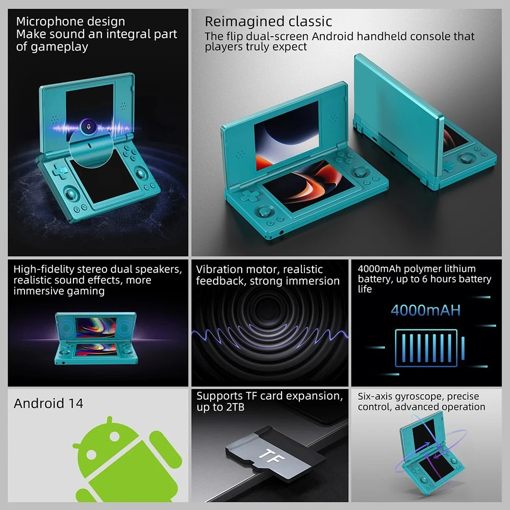 ANBERNIC RG DS Dual Screen Game Console, 4 inch 640*480 IPS Touchscreen, RK3568 Quad-core, 256GB TF Card, Android 14, 6 Hours of Playtime, 20+ Kinds of Simulators - Black Red