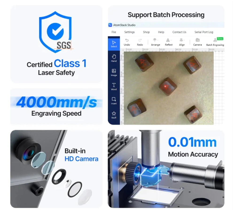 Graveur laser diode ATOMSTACK Atelier 12W, classe 1 FDA, vitesse de 4000 mm/s, précision de 0,01 mm, zone de travail de 120 x 120 mm, caméra HD intégrée, compatible avec le bois, le métal, le cuir et le feutre.