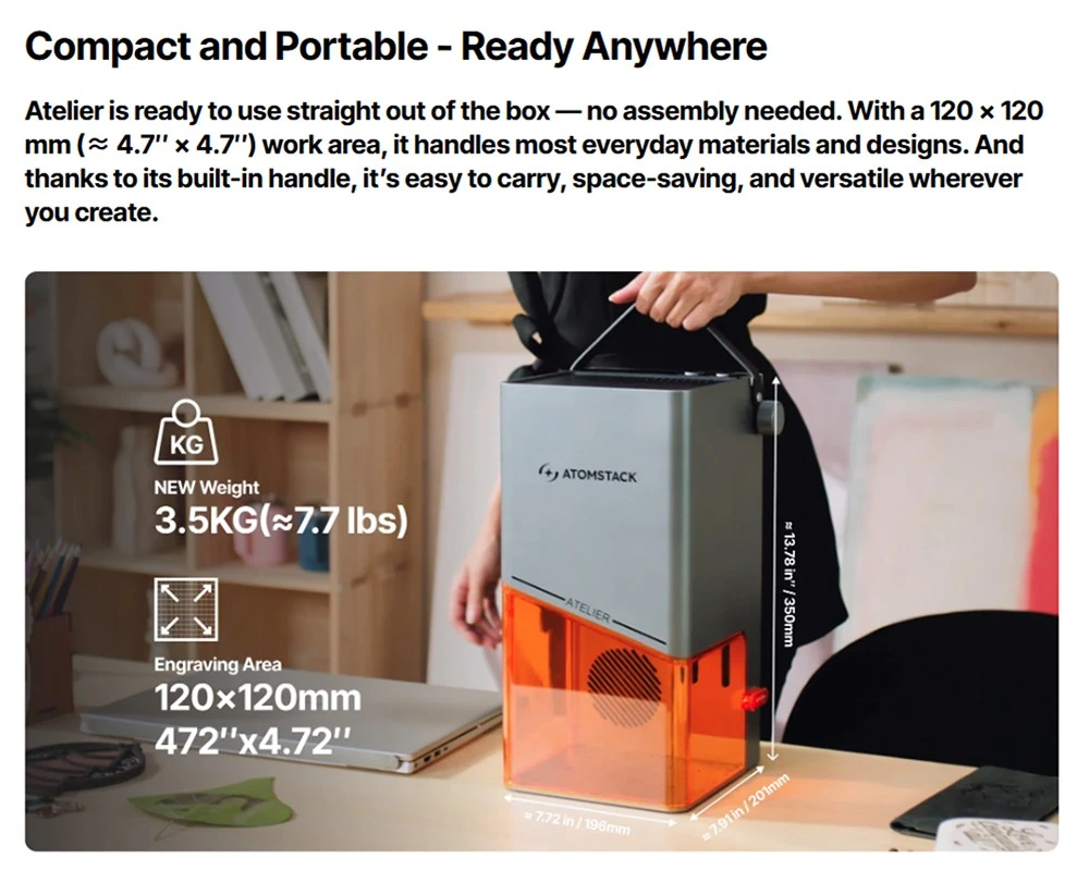 Graveur laser diode ATOMSTACK Atelier 12W, classe 1 FDA, vitesse de 4000 mm/s, précision de 0,01 mm, zone de travail de 120 x 120 mm, caméra HD intégrée, compatible avec le bois, le métal, le cuir et le feutre.
