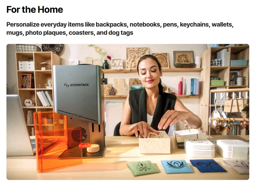 Graveur laser diode ATOMSTACK Atelier 12W, classe 1 FDA, vitesse de 4000 mm/s, précision de 0,01 mm, zone de travail de 120 x 120 mm, caméra HD intégrée, compatible avec le bois, le métal, le cuir et le feutre.